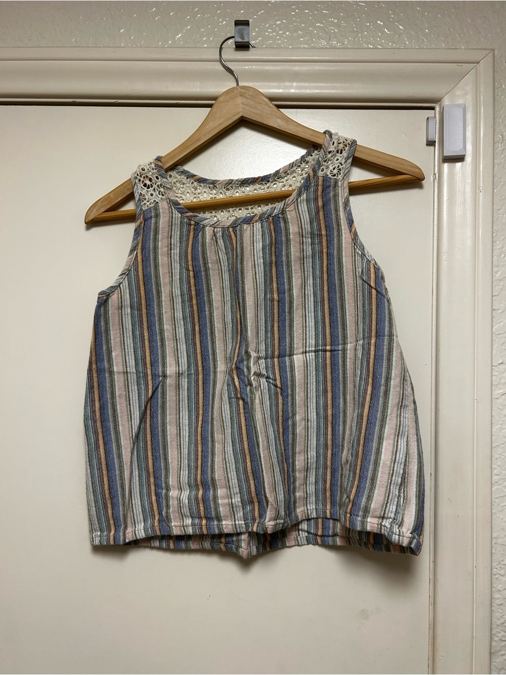 Peek Striped Crochet-Trim Tank Top in Blue, Tan, Cream